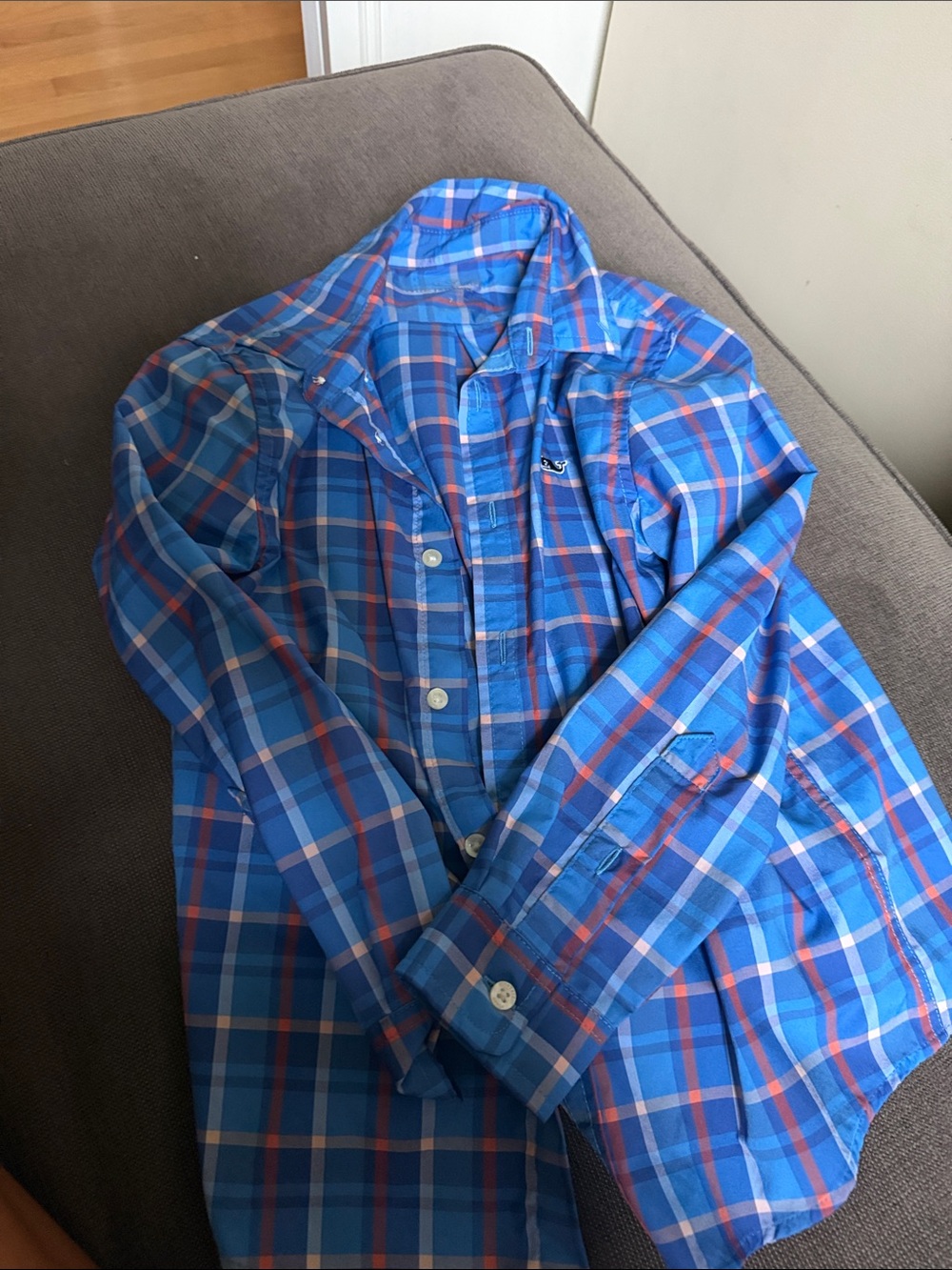 Vineyard Vines Blue and Coral Plaid Button-Down Shirt